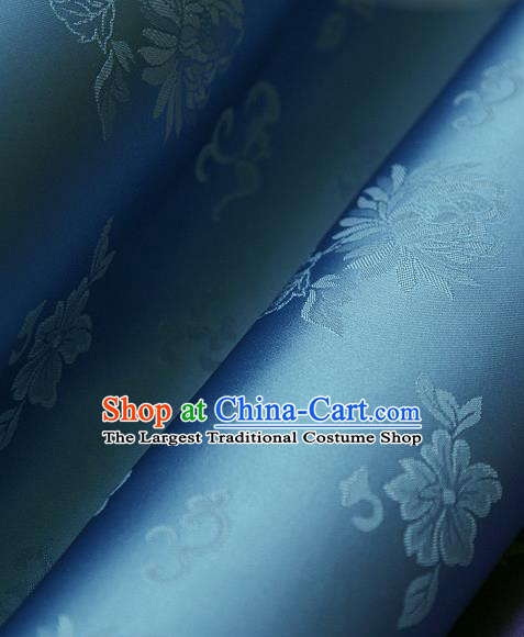 Traditional Asian Classical Chrysanthemum Pattern Blue Brocade Cloth Drapery Korean Hanbok Palace Satin Silk Fabric