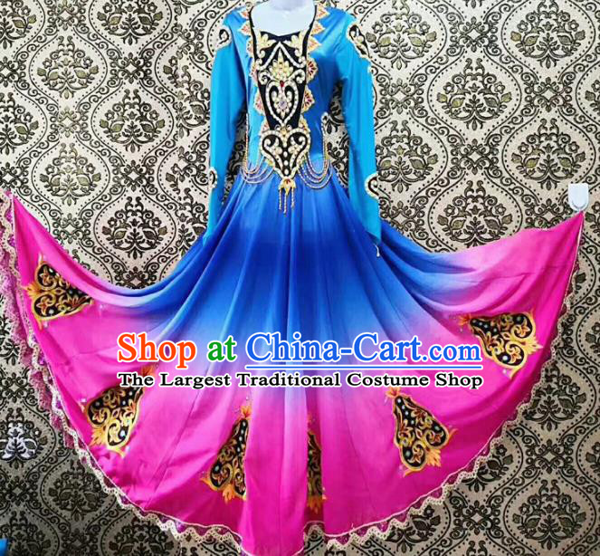 Chinese Ethnic Folk Dance Blue Dress Traditional National Uyghur Nationality Costumes for Women