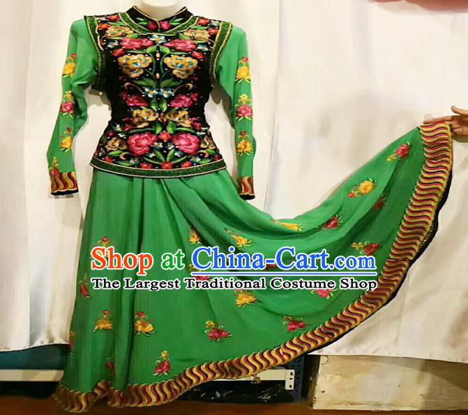 Chinese Ethnic Folk Dance Embroidered Green Dress Traditional National Uyghur Nationality Costumes for Women