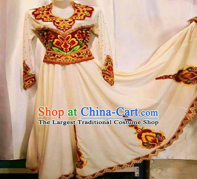 Chinese Ethnic Minority Folk Dance Embroidered White Dress Traditional National Uyghur Nationality Costumes for Women