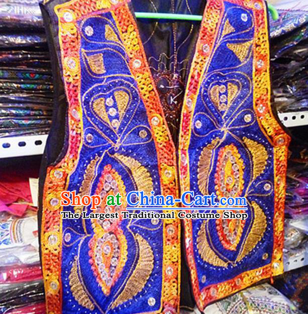 Chinese Ethnic Minority Folk Dance Embroidered Royalblue Vest Traditional Uyghur Nationality Costume for Women