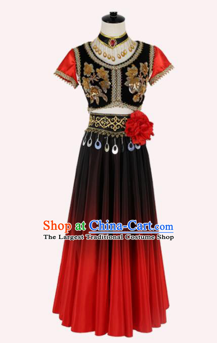 Chinese Ethnic Minority Embroidered Dress Traditional Uyghur Nationality Folk Dance Costume for Women