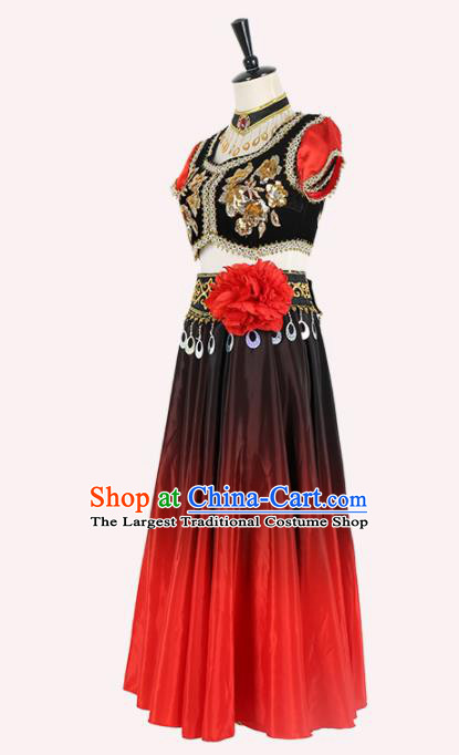 Chinese Ethnic Minority Embroidered Dress Traditional Uyghur Nationality Folk Dance Costume for Women