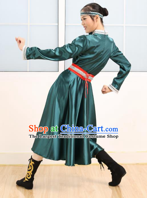 Chinese Mongolian Ethnic Minority Green Dress Traditional Nationality Folk Dance Costume for Women