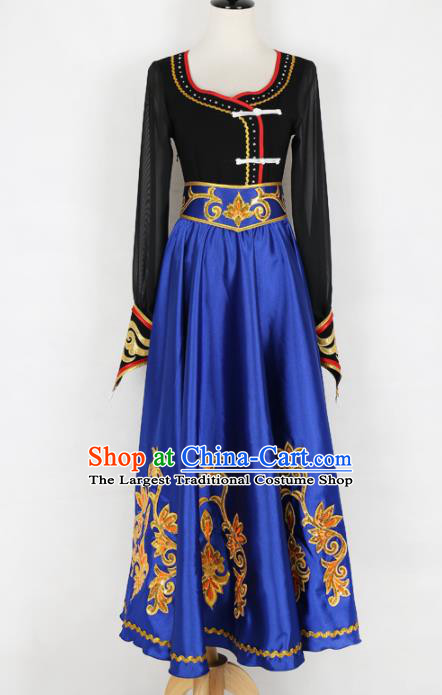 Chinese Mongolian Ethnic Minority Blue Dress Traditional Nationality Folk Dance Costume for Women