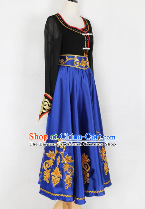 Chinese Mongolian Ethnic Minority Blue Dress Traditional Nationality Folk Dance Costume for Women