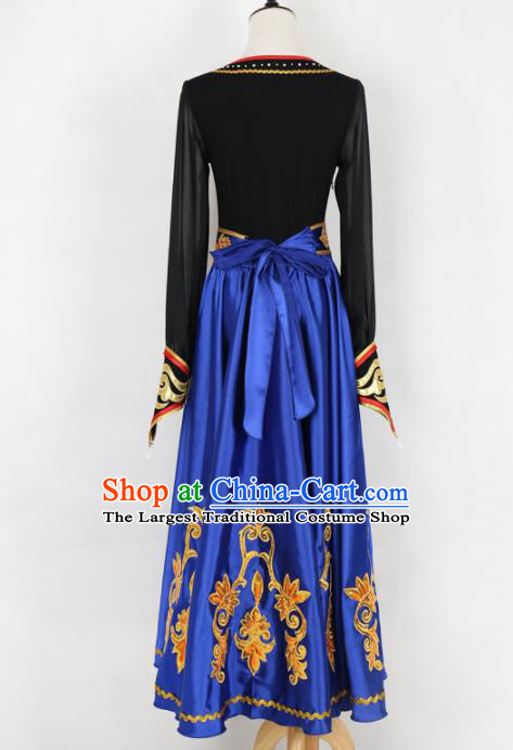 Chinese Mongolian Ethnic Minority Blue Dress Traditional Nationality Folk Dance Costume for Women