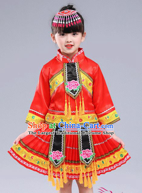 Chinese Traditional Miao Nationality Folk Dance Red Pleated Skirt Ethnic Dance Embroidered Costumes for Kids