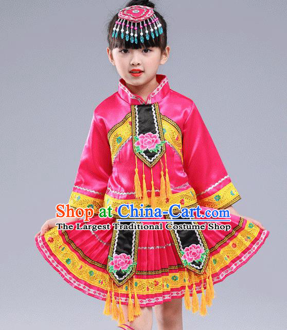 Chinese Traditional Miao Nationality Folk Dance Pink Pleated Skirt Ethnic Dance Embroidered Costumes for Kids