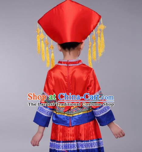 Chinese Traditional Zhuang Nationality Folk Dance Red Dress Ethnic Dance Costumes for Kids