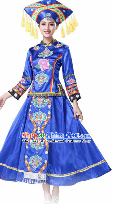 Chinese Ethnic Minority Blue Embroidered Dress Traditional Zhuang Nationality Folk Dance Costumes for Women