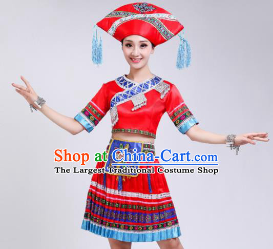 Chinese Zhuang Ethnic Minority Red Embroidered Dress Traditional Nationality Folk Dance Costumes for Women