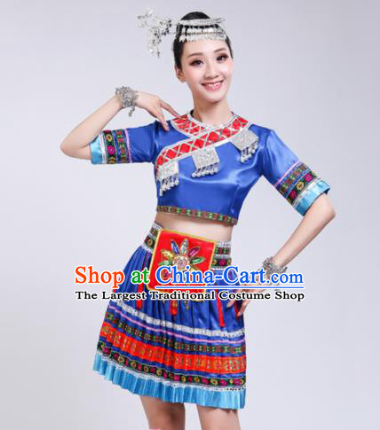 Chinese Zhuang Ethnic Minority Royalblue Embroidered Dress Traditional Nationality Folk Dance Costumes for Women