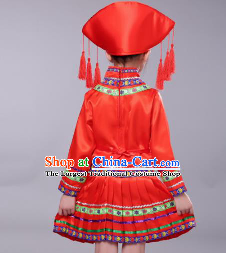 Chinese Traditional Zhuang Minority Folk Dance Clothing Ethnic Dance Red Costumes for Kids
