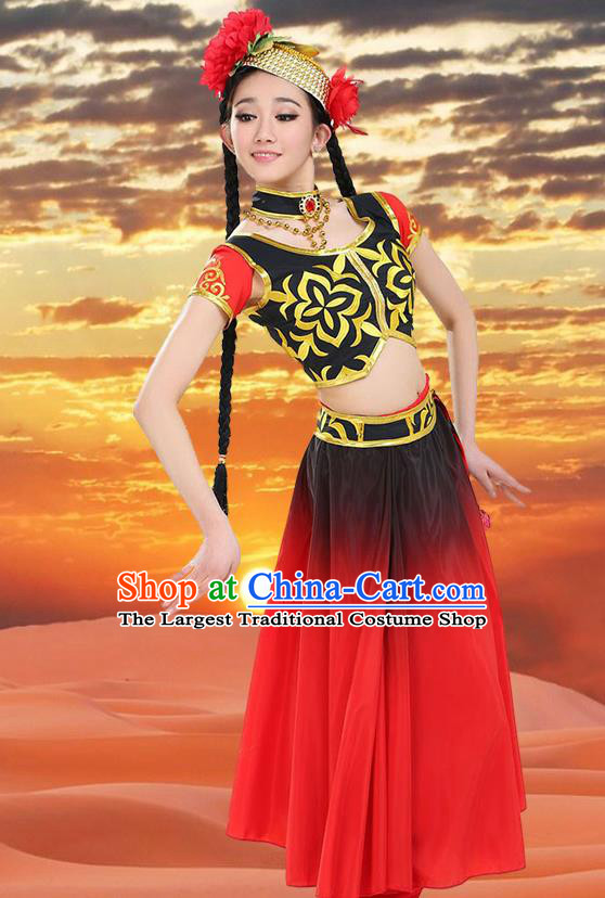 Chinese Traditional Uyghur Minority Red Dress Uigurian Ethnic Folk Dance Costumes for Women