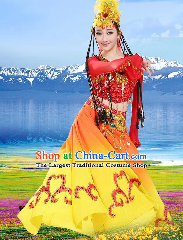 Chinese Traditional Uyghur Minority Red Dress Uigurian Ethnic Folk Dance Costumes for Women