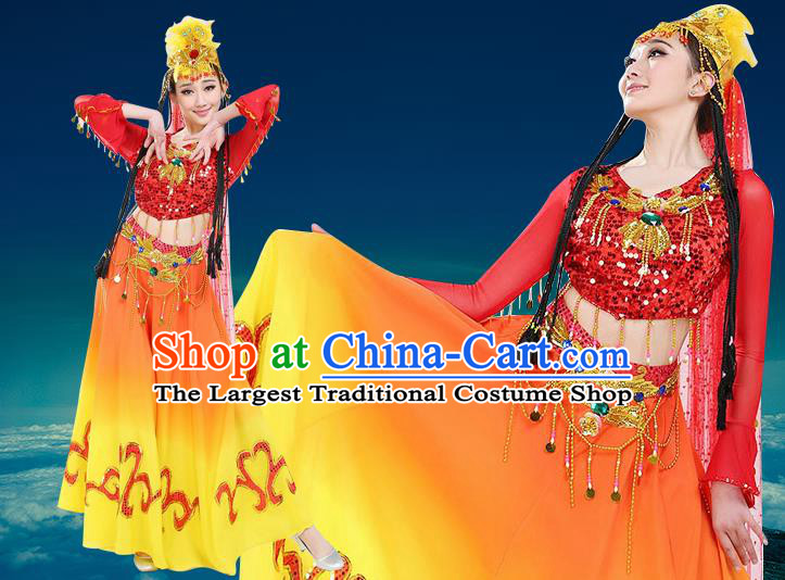 Chinese Traditional Uyghur Minority Red Dress Uigurian Ethnic Folk Dance Costumes for Women