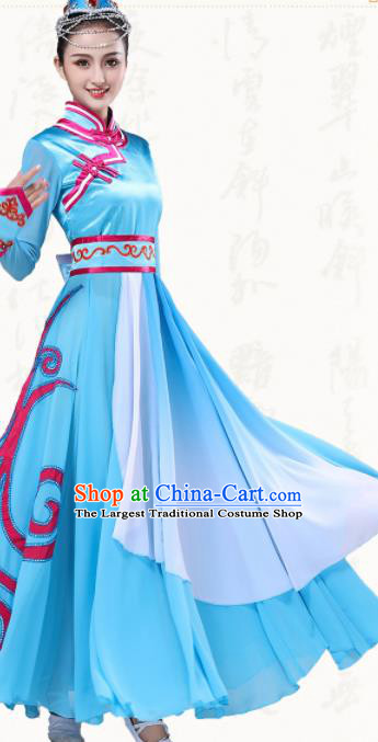 Chinese Traditional Mongol Minority Blue Dress Ethnic Folk Dance Mongolian Costumes for Women