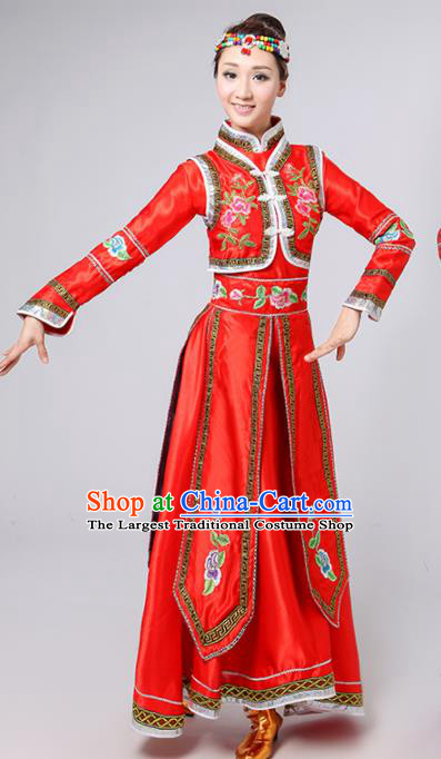 Chinese Traditional Mongolian Minority Folk Dance Red Dress Mongols Ethnic Dance Costumes for Women