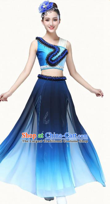 Chinese Traditional Classical Dance Blue Dress Group Dance Umbrella Dance Costumes for Women