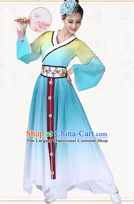 Chinese Traditional Classical Dance Blue Dress Umbrella Dance Group Dance Costumes for Women