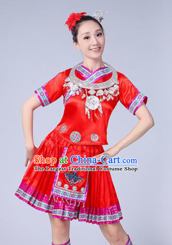 Chinese Ethnic Minority Red Short Dress Traditional Yi Nationality Folk Dance Costumes for Women