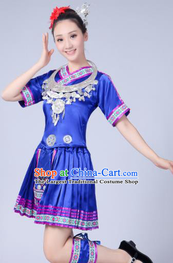 Chinese Ethnic Minority Royalblue Short Dress Traditional Yi Nationality Folk Dance Costumes for Women