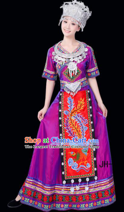 Chinese Ethnic Minority Purple Dress Traditional Miao Nationality Folk Dance Costumes for Women