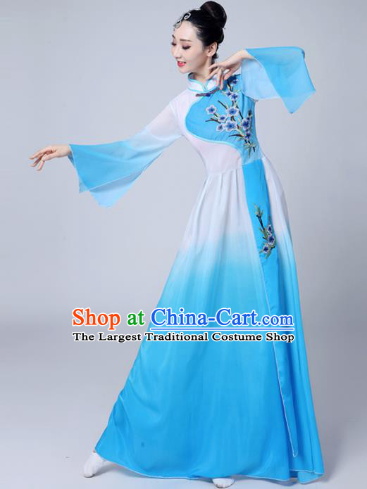 Chinese Traditional Folk Dance Blue Dress Classical Dance Umbrella Dance Costumes for Women