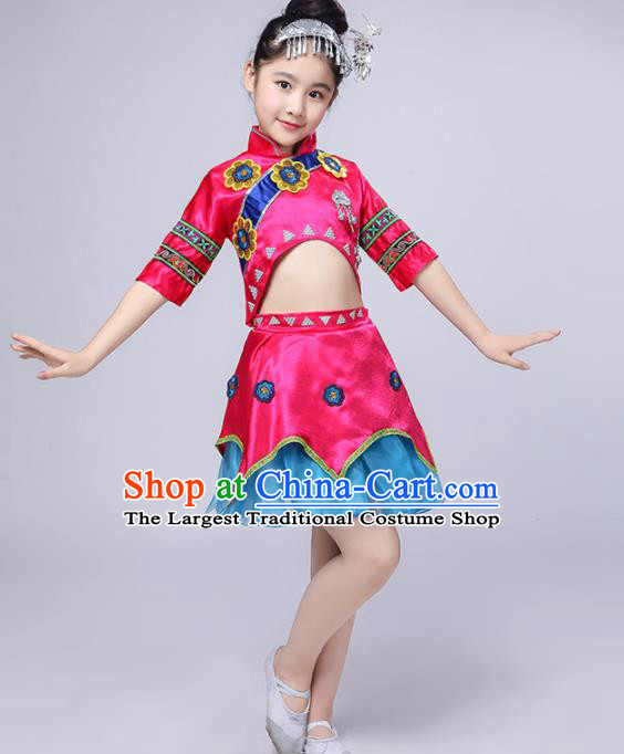 Chinese Traditional Dong Minority Folk Dance Clothing Ethnic Dance Pink Dress for Kids