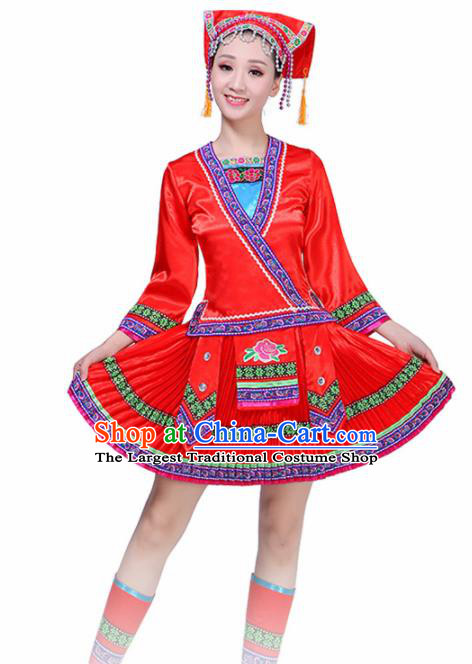 Chinese Yi Ethnic Minority Embroidered Red Dress Traditional Nationality Folk Dance Costumes for Women