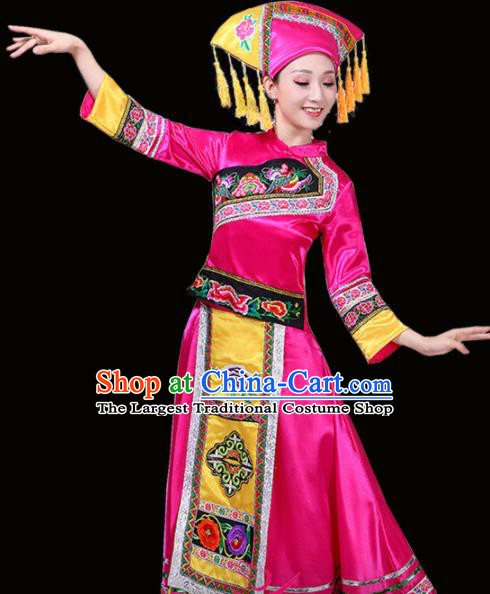 Chinese Yi Ethnic Minority Embroidered Rosy Dress Traditional Nationality Folk Dance Costumes for Women