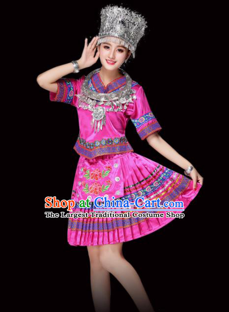 Chinese Miao Ethnic Minority Embroidered Rosy Short Dress Traditional Hmong Nationality Folk Dance Costumes for Women