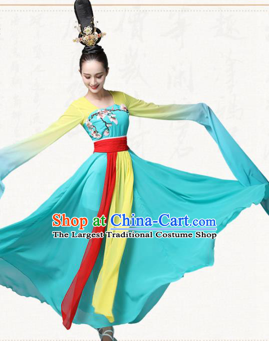 Chinese Traditional Classical Dance Green Dress Ancient Flying Peri Fan Dance Group Dance Costumes for Women