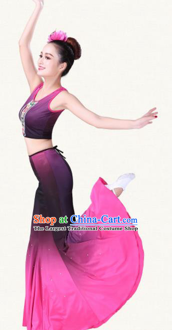 Traditional Chinese Dai Nationality Rosy Dress Ethnic Peacock Dance Folk Dance Costumes for Women