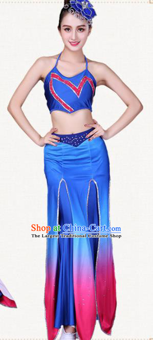 Traditional Chinese Dai Nationality Blue Dress Ethnic Peacock Dance Folk Dance Costumes for Women