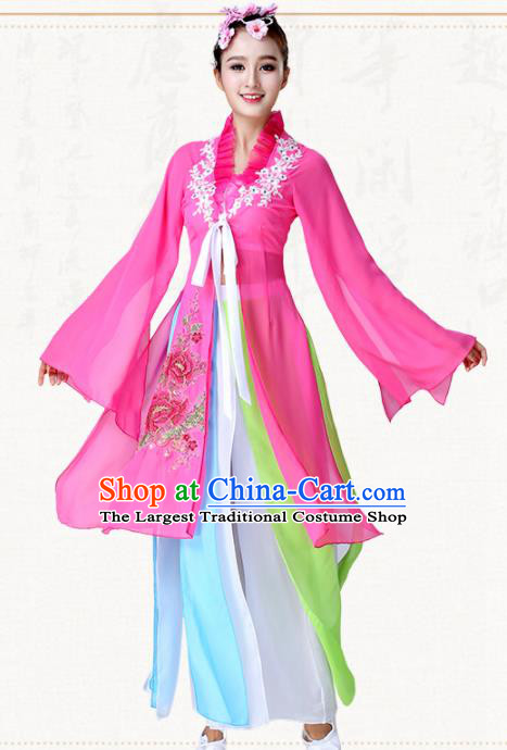 Chinese Traditional Classical Dance Umbrella Dance Rosy Dress Group Dance Costumes for Women