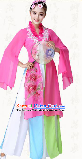 Chinese Traditional Classical Dance Fan Dance Rosy Dress Group Dance Costumes for Women
