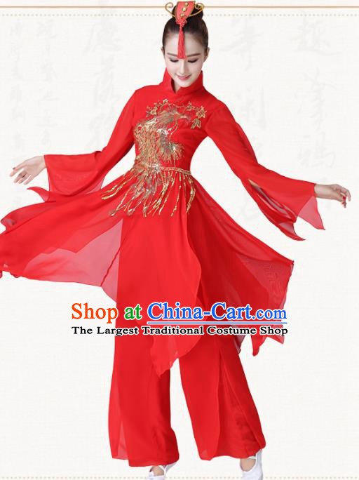 Chinese Traditional Classical Dance Red Dress Fan Dance Group Dance Costumes for Women