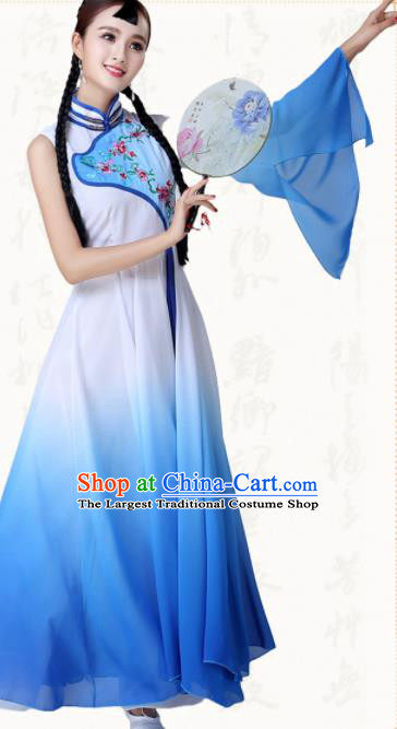 Chinese Traditional Classical Dance Blue Dress Umbrella Dance Group Dance Costumes for Women