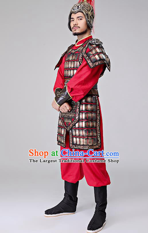 Traditional Chinese Han Dynasty General Costumes Ancient Drama Warrior Helmet and Body Armour for Men