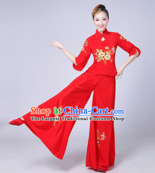 Traditional Chinese Folk Dance Fan Dance Yangko Costumes Group Dance Red Clothing for Women