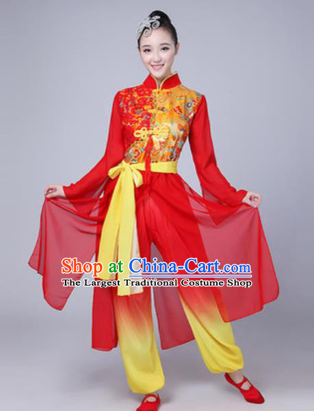 Traditional Chinese Folk Dance Costumes Fan Dance Drum Dance Red Dress for Women