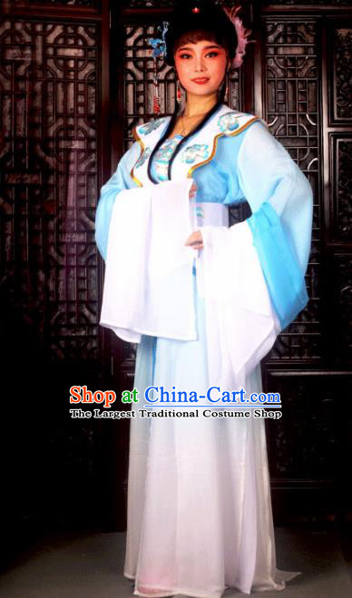 Traditional Chinese Peking Opera Princess Embroidered Costumes Ancient Peri Blue Dress for Adults
