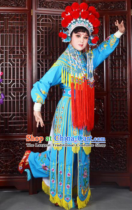 Traditional Chinese Peking Opera Blues Costumes Ancient Female General Blue Dress and Hat for Adults