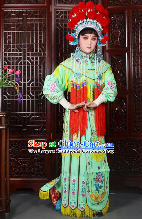 Traditional Chinese Peking Opera Blues Costumes Ancient Female General Green Dress and Hat for Adults