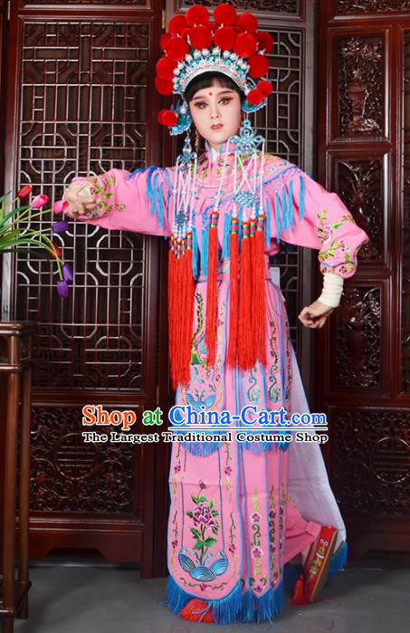 Traditional Chinese Peking Opera Blues Costumes Ancient Female General Pink Dress and Hat for Adults