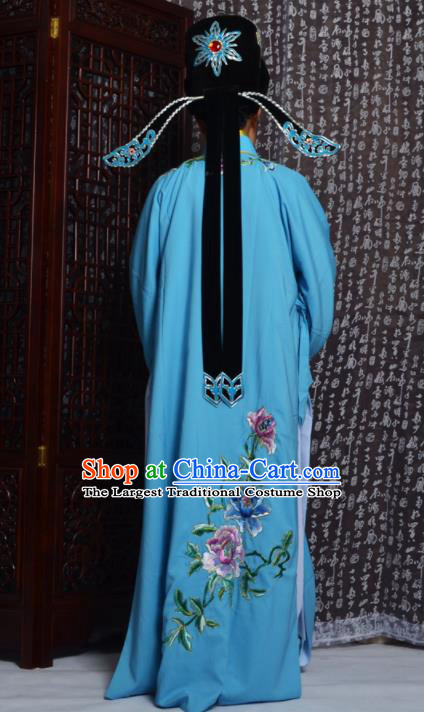 Professional Chinese Peking Opera Niche Costumes Embroidered Peony Blue Robe for Adults