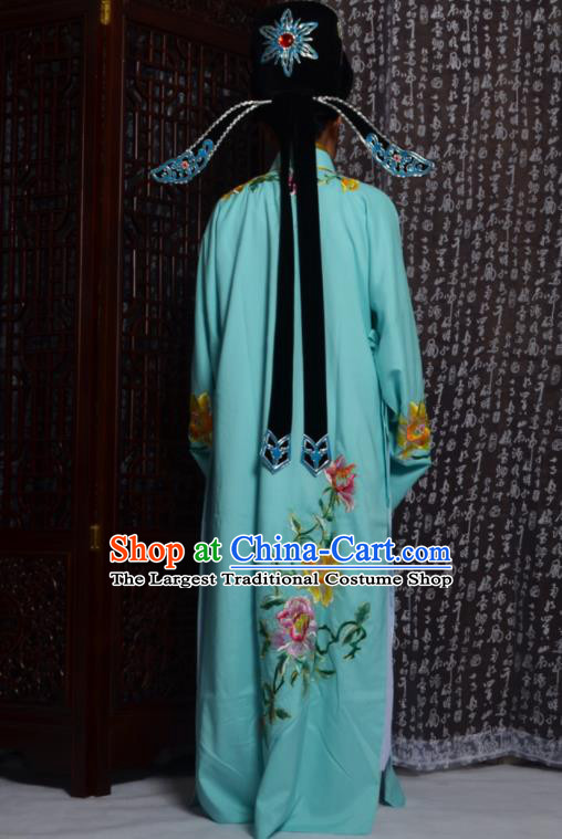 Professional Chinese Peking Opera Niche Costumes Embroidered Peony Light Blue Robe for Adults