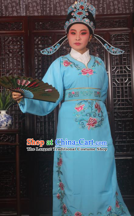 Professional Chinese Peking Opera Niche Costumes Gifted Scholar Embroidered Blue Robe for Adults